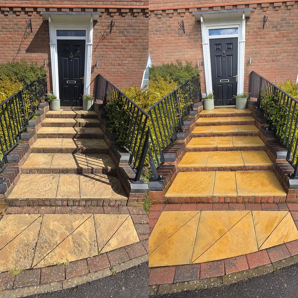 Eye-level view of bright yellow steps in front of a house after pressure washing in Ravenstone