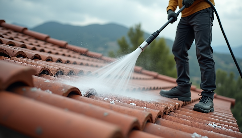 a man standing on a roof pressure washing