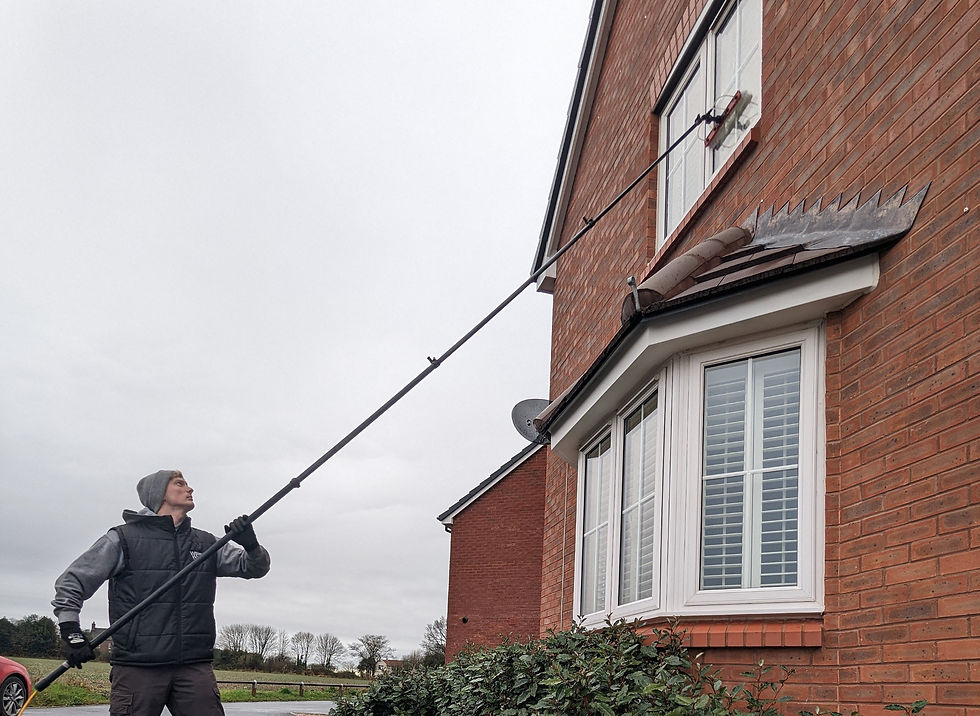 A man is window cleaning in Derby using the water-fed pole system