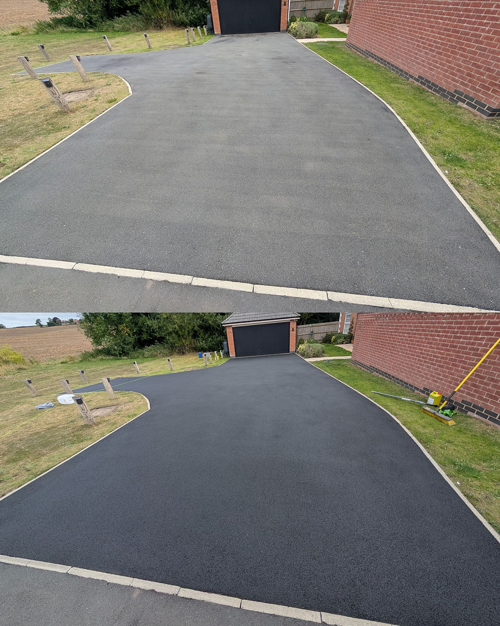 Two images of a driveway: top shows a faded tarmac surface, bottom shows a freshly resealed, darker surface. Brick house and green grass border.