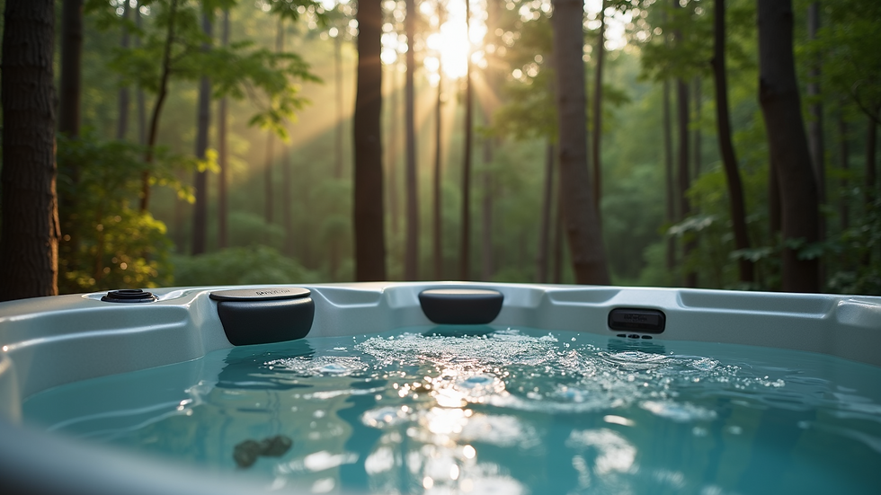 Close-up view of a private outdoor hot tub with forest background