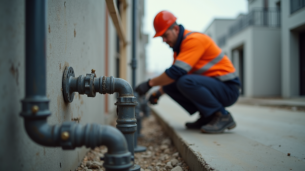 Eye-level view of a plumber installing pipes in a new construction site