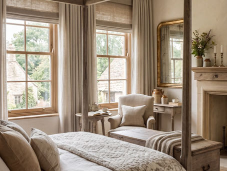 gezellige slaapkamer in cottage core en landelijk chique stijl interieur.