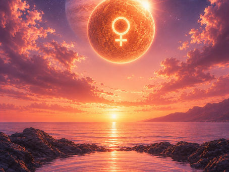Venus Conjunct Jupiter in Cancer  in a sunset sky over a body of water