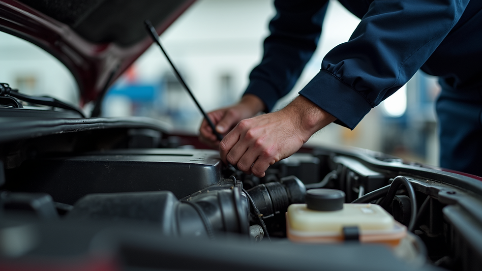 Close-up view of a mechanic inspecting a car engine