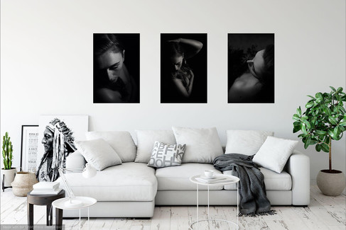 3 black & white boudoir portraits of a young woman above a bed
