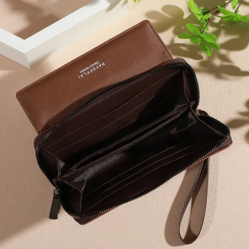 Thumbnail: 1pc Classic Men's Faux Leather Wallet, Double Layer with Snap Closure, Zippered 