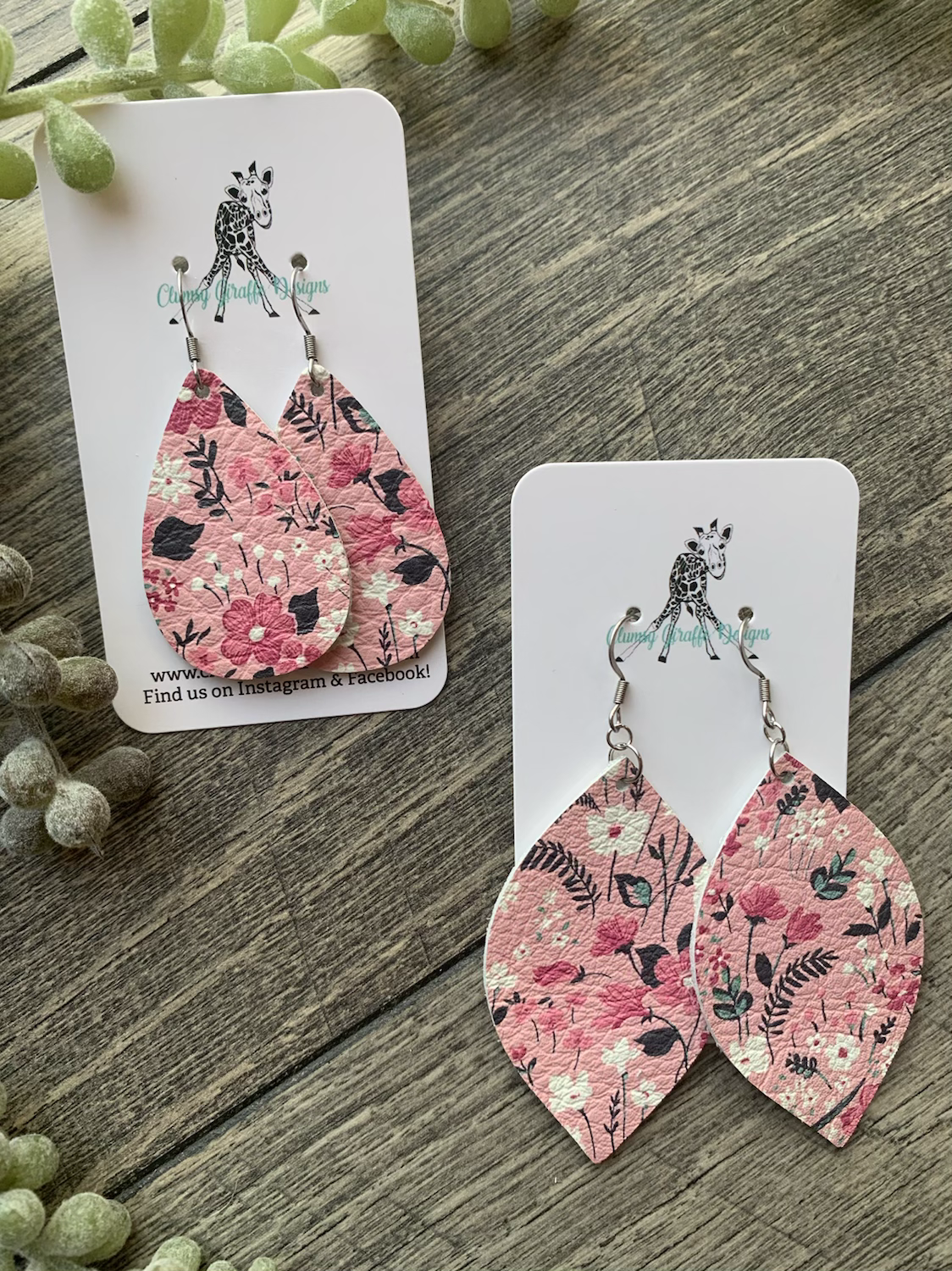 Genuine Leather Earrings - Pink Floral