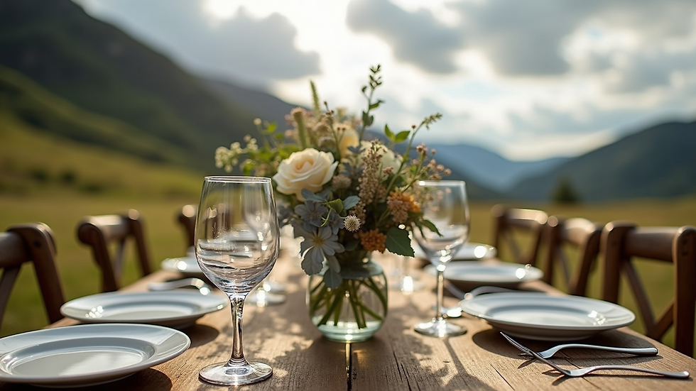 Eye-level view of a rustic wedding table set outdoors with Highland scenery
