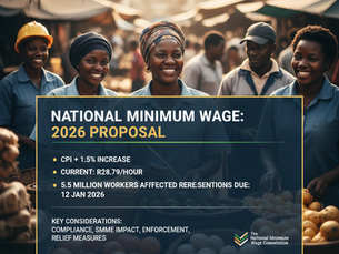 Market workers in South Africa standing together at a fresh produce stall, with an overlay highlighting the proposed 2026 national minimum wage increase and key employment impact figures.
