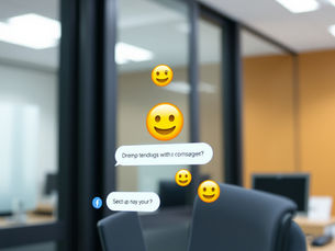 Office chair with floating emoji icons and chat messages, representing digital communication and potential legal issues in the workplace.