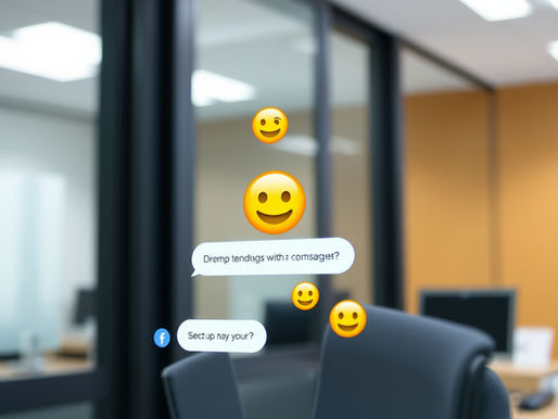 Office chair with floating emoji icons and chat messages, representing digital communication and potential legal issues in the workplace.