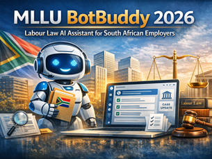 AI-powered labour law assistant interface with a robot, legal symbols, and case update dashboard, representing the MLLU BotBuddy 2026 platform for South African employers.