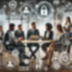 Diverse group of HR professionals in a modern office discussing data protection and POPI compliance, with digital security elements in the background.