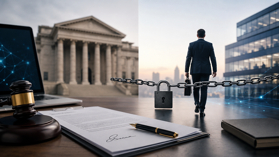 Legal agreement, courthouse, and business executive separated by a chain and padlock, representing restraint of trade enforcement, post-employment restrictions, and the Labour Appeal Court's confirmation of employers' contractual rights.