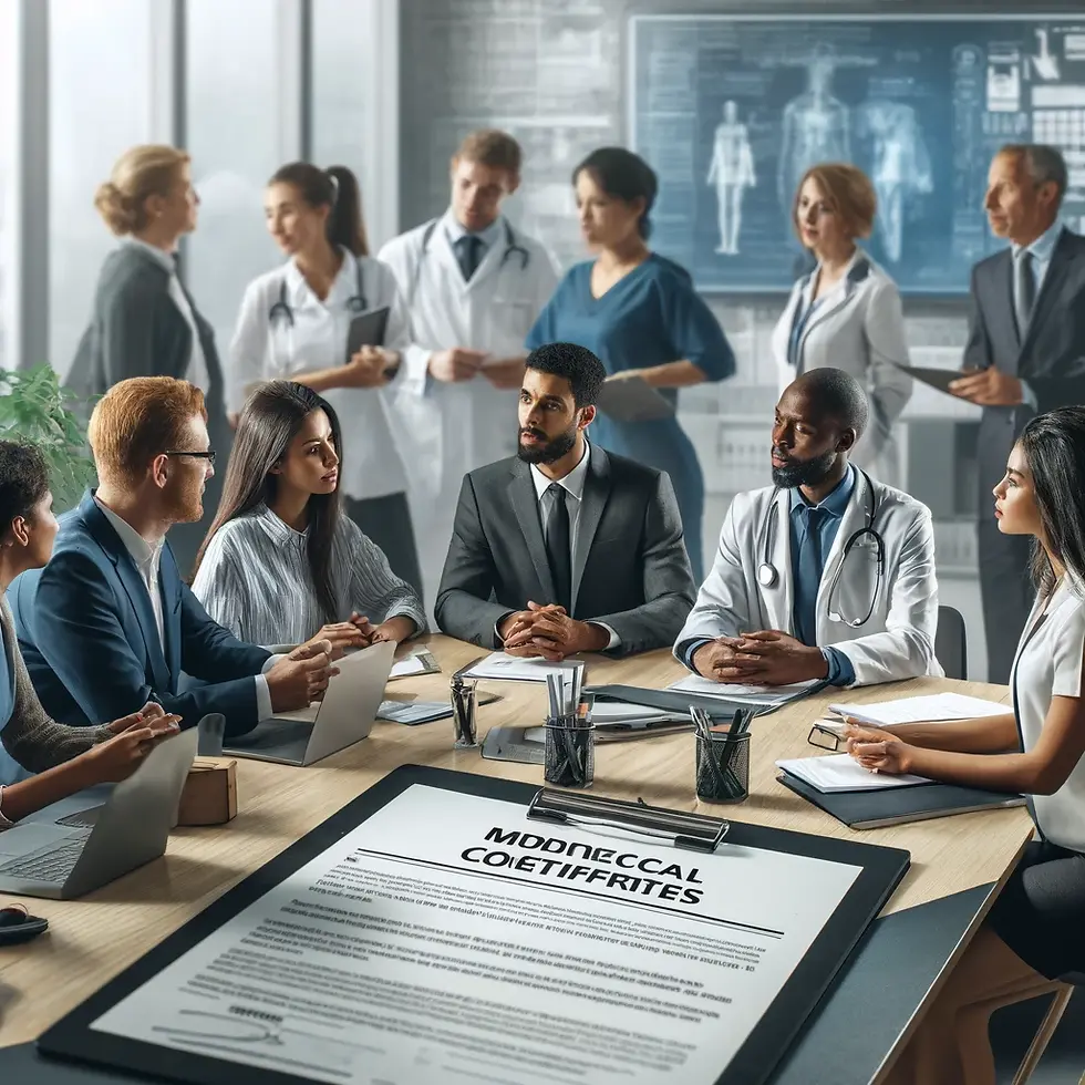 A diverse group of South African professionals in a workplace setting discussing the challenges and implications of medical certificates in employment, focusing on legal and procedural aspects.