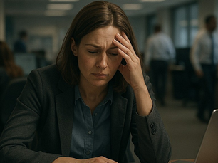 Stressed businesswoman sitting at her desk with hand on forehead, symbolising the emotional toll of workplace mental health challenges such as depression and anxiety.