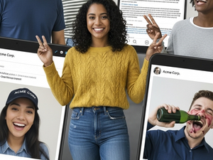 Smiling employees in social media posts, with one image depicting inappropriate behaviour, illustrating the concept of off-duty misconduct and its consequences in the workplace under South African labour law.