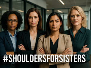 Four confident professional women in business attire standing shoulder to shoulder with arms crossed, representing the #ShouldersForSisters movement and strong female leadership in the workplace.