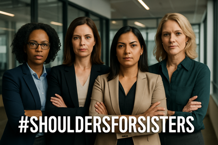 Four confident professional women in business attire standing shoulder to shoulder with arms crossed, representing the #ShouldersForSisters movement and strong female leadership in the workplace.