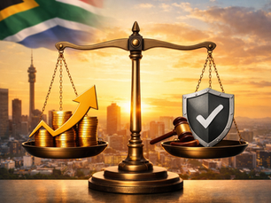 A balanced scale in front of the South African skyline weighs economic growth and profitability against legal compliance and regulation, symbolising the employer perspective on SONA 2026.