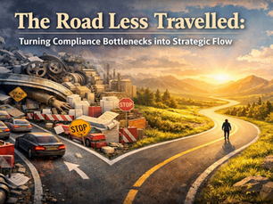 Illustration showing a congested road blocked by compliance barriers and paperwork contrasted with a clear open road leading toward a sunrise, symbolising the shift from compliance bottlenecks to strategic flow.