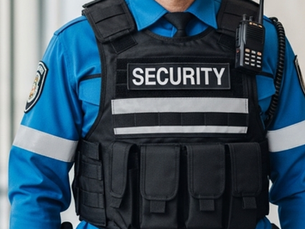 Security guard in blue uniform and tactical vest, representing the Constitutional Court’s judgment in the Mavundla v Gotcha Security case.