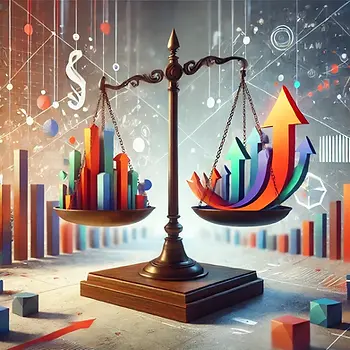 Banner image illustrating the balance between performance management, legal compliance, and organisational agility. The image features a scale with one side weighing structured legal elements like laws and compliance, represented by charts and symbols, and the other side highlighting agile growth, represented by colorful upward arrows and adaptive icons against a backdrop of metrics and data visualizations.