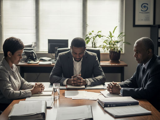 HR professional seated with managers during a formal disciplinary hearing, representing HR neutrality, procedural fairness, workplace discipline, and fair disciplinary processes in South Africa.