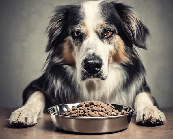 unhappy dog with bowl of kibble.jpg