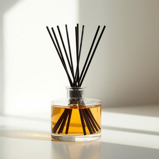 Minimalist reed diffuser with black sticks in amber oil, casting soft shadows on a sunlit white surface.