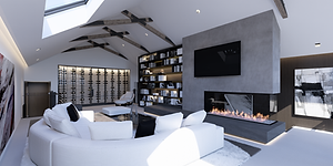 Image of modern living space with fireplace and contemporary ceiling design, showcasing luxury without compromise by Alchemy.