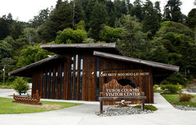 The dark brown wood Yurok Country Visitor Center building with trees in the background.