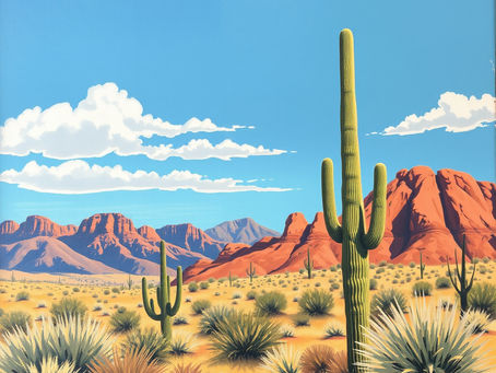 Desert landscape with tall cacti, red-orange rocky hills, and blue sky with white clouds. Sparse vegetation and a sunny, tranquil mood.