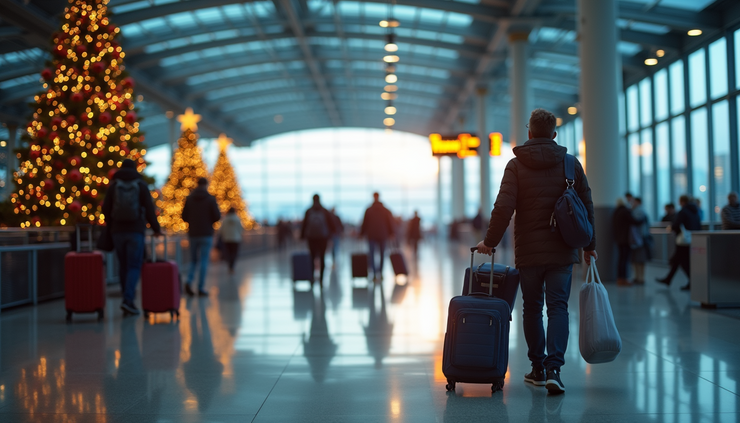 Eye-level view of a packed airport terminal with travelers and holiday decorations