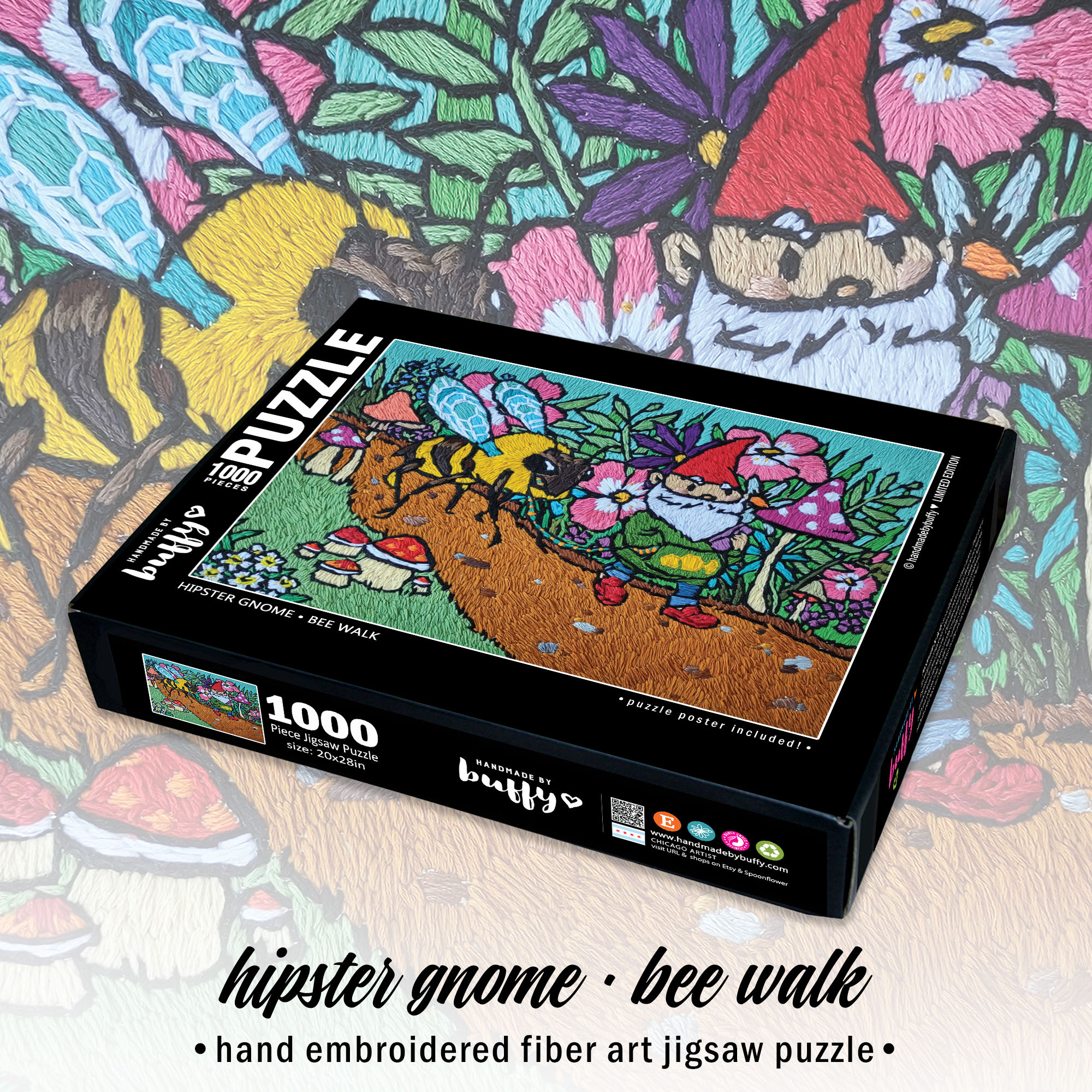 Hipster Gnome - Bee Walk, Hand Embroidery Art, 1000 Piece Jigsaw Puzzle