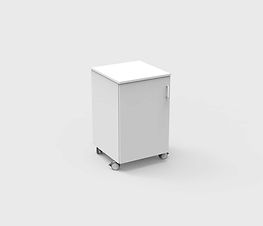 A single door mobile lab unit with rubber white feet and a chrome handle