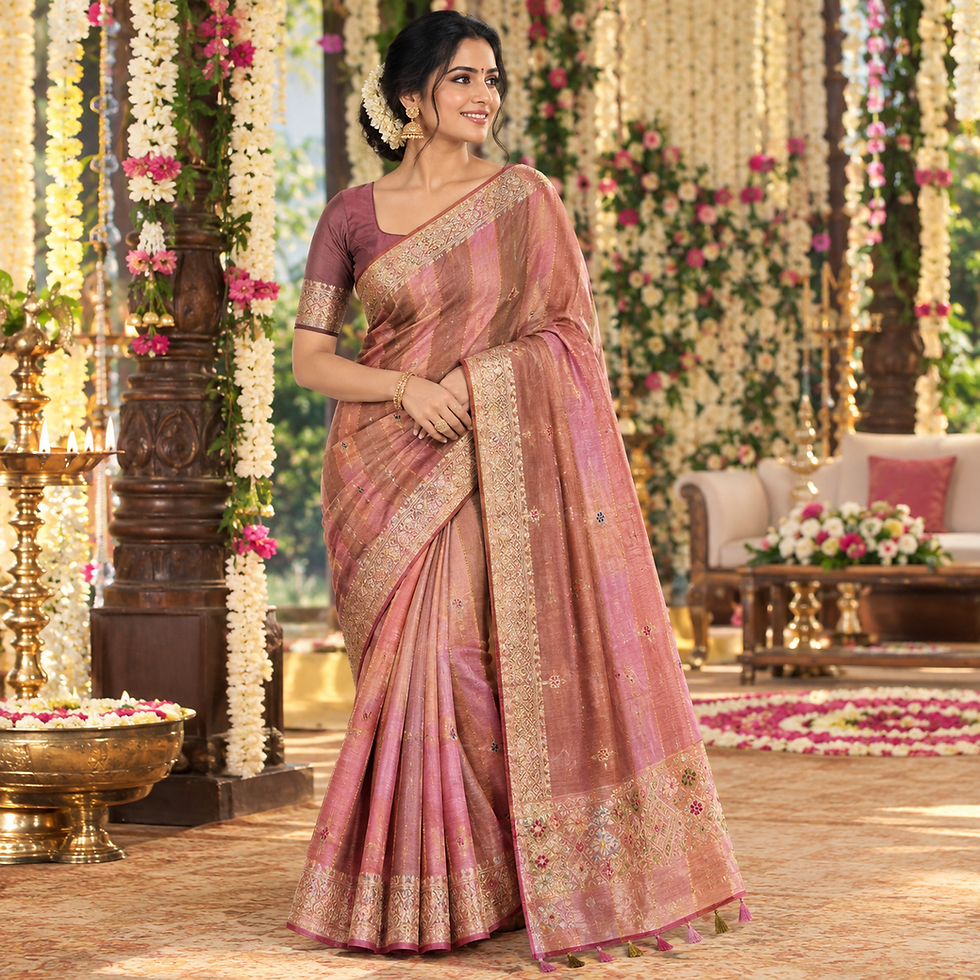 Munga Rangkat silk saree with pink stripes and brown accents