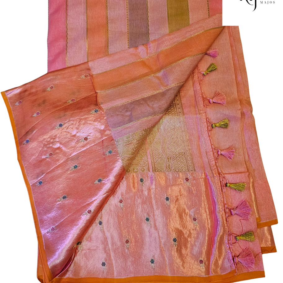 Pink and brown vertical striped Munga Rangkat silk saree