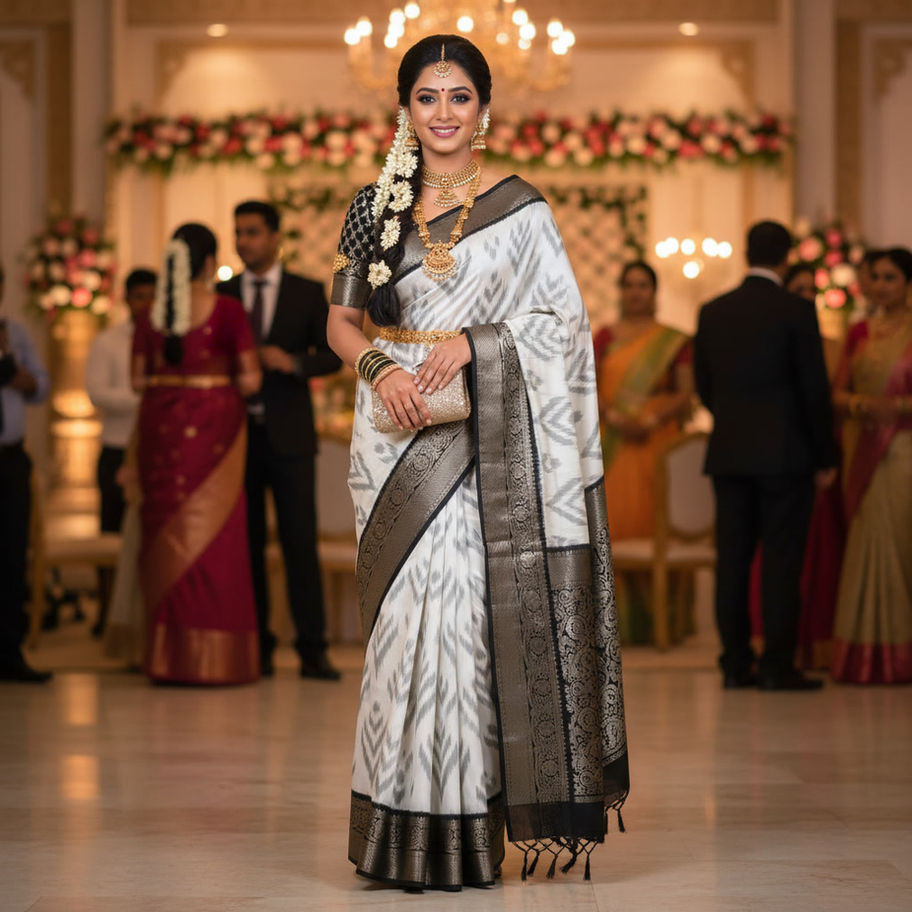 Woman in a white and black Pochampally Ikat saree