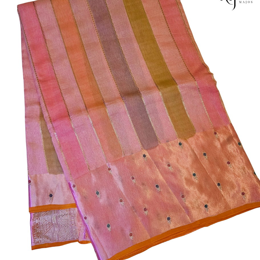 Pink and brown vertical striped Munga Rangkat silk saree