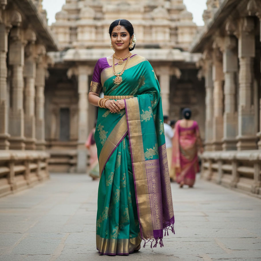 Green and violet kodi kanchipuram bridal saree
