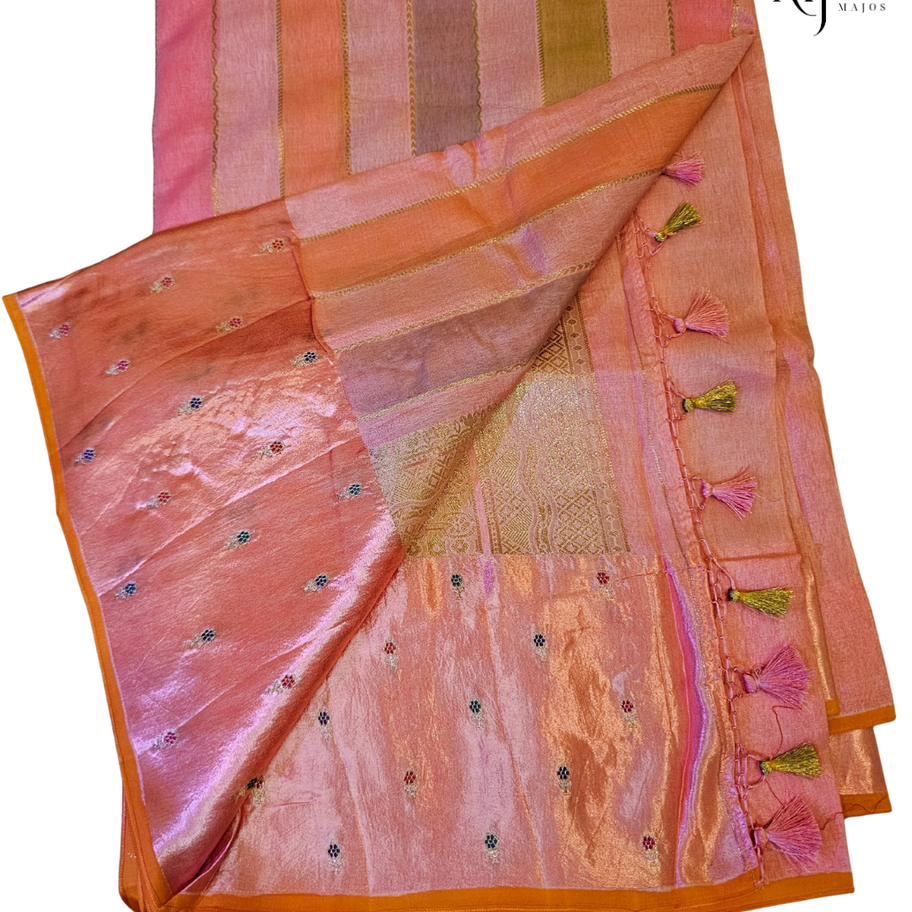 Pink and brown vertical striped Munga Rangkat silk saree