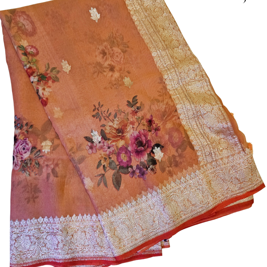 Brown floral print Pure Khaddi Chiffon saree A75