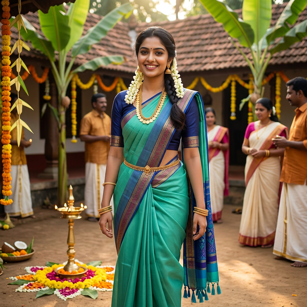 Sea green and dark blue pure soft silk saree on a woman
