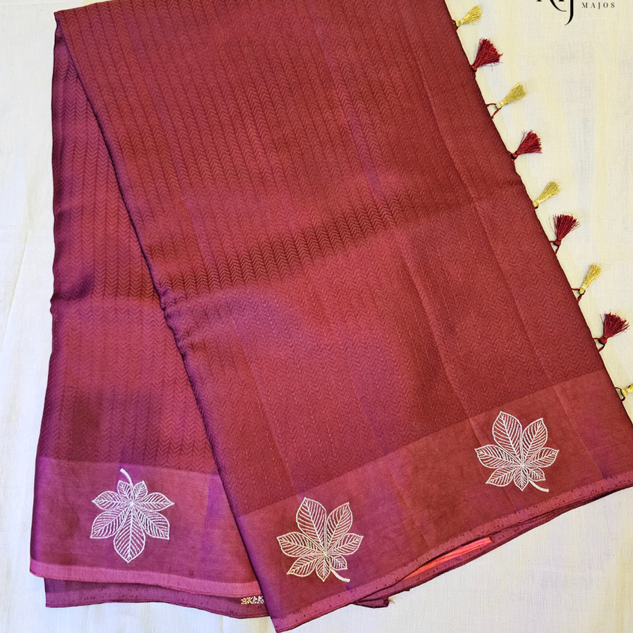Pink and maroon ombre Mashru silk saree with leaf motifs