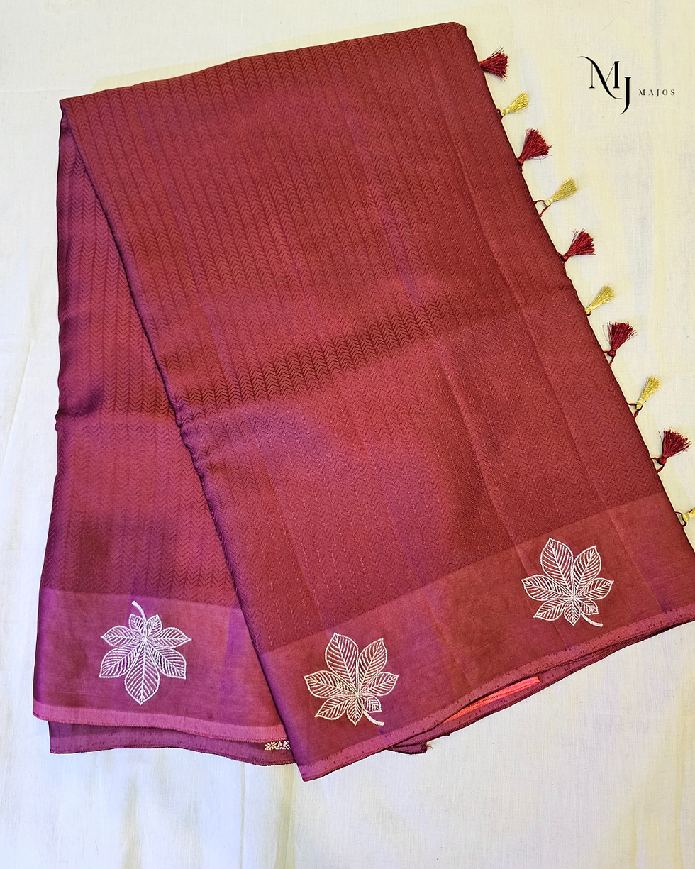 Pink and maroon ombre Mashru silk saree with leaf motifs