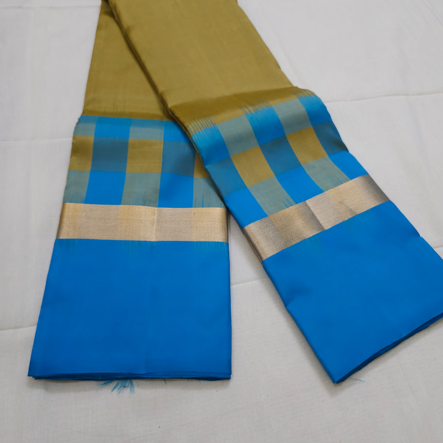 Sky blue and mustard checks single gatti jari saree