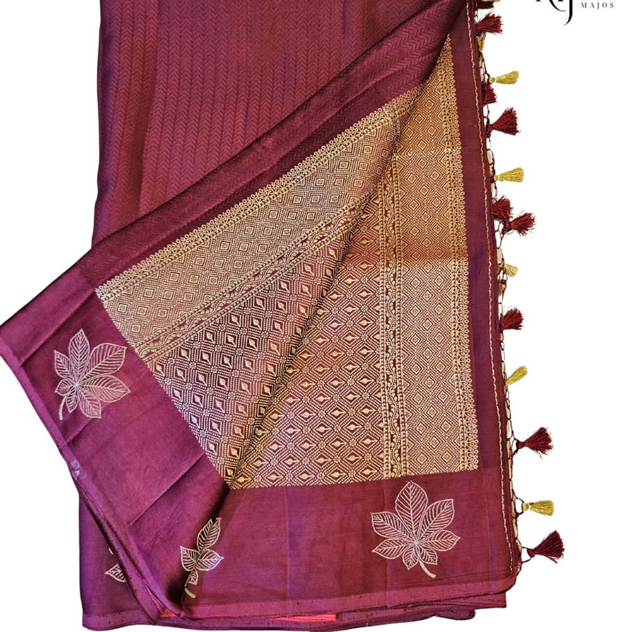 Pink and maroon ombre Mashru silk saree with leaf motifs