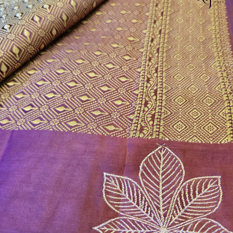 Pink and maroon ombre Mashru silk fabric with leaf motif.